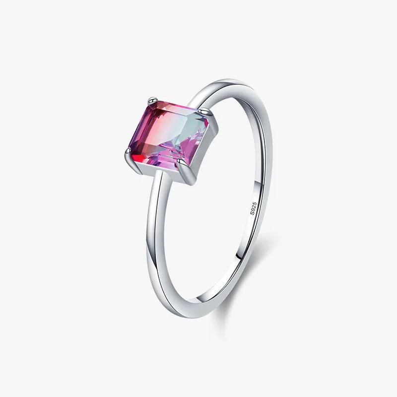 statement rings for women-Sweet Square Gradient Color Sterling Silver Plating Inlay Gem Rhodium Plated Rings