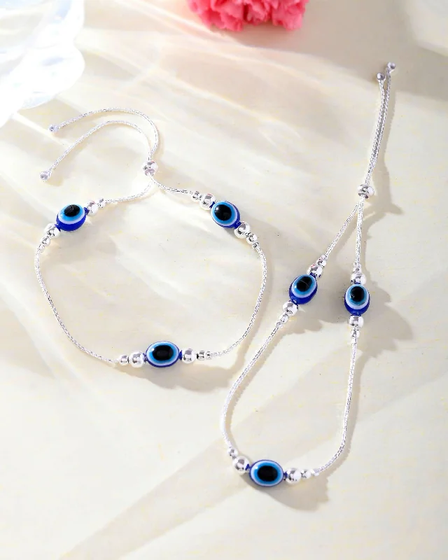 diamond anklet for women-VOJ Set of 2 Silver Plated Evil Eye Anklet