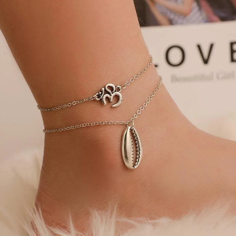 crystal anklet for women-Conch Shell Pendant Anklet Boho Retro Beach Anklet