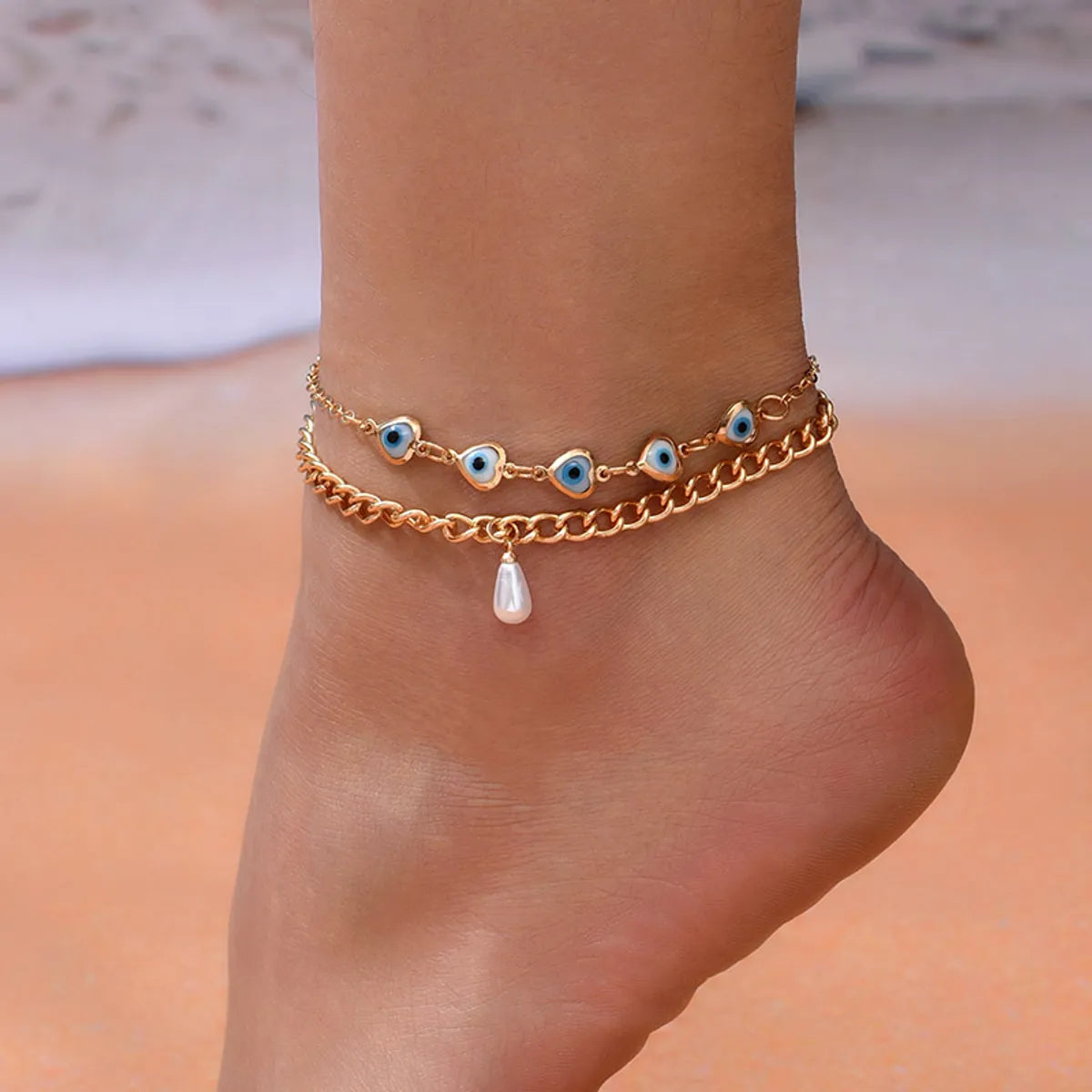 cute charm bracelet for women-Simple Style Devil's Eye Heart Shape Alloy Layered Inlay Pearl Women's Anklet