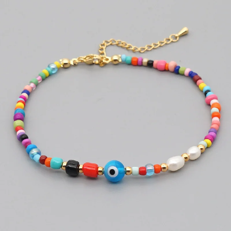 trendy anklet for women-Bohemian Ethnic Style Eye Beads Rainbow Rice Beads Baroque Natural Freshwater Pearl Anklet Women