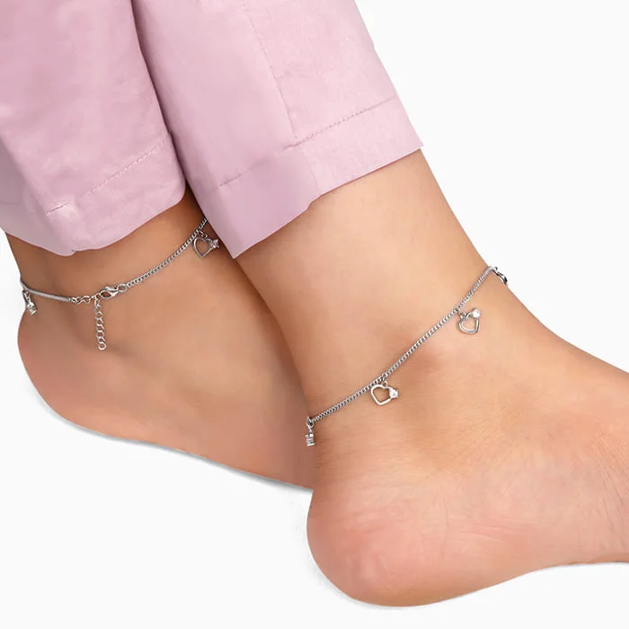 sterling silver bracelet for women-Silver Small Heart Charm Anklet