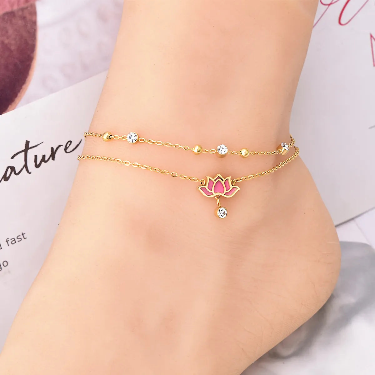 stackable bracelets for women-Y2k Hawaiian Beach Lotus Stainless Steel Layered Artificial Gemstones 18k Gold Plated Platinum Plated Women's Anklet