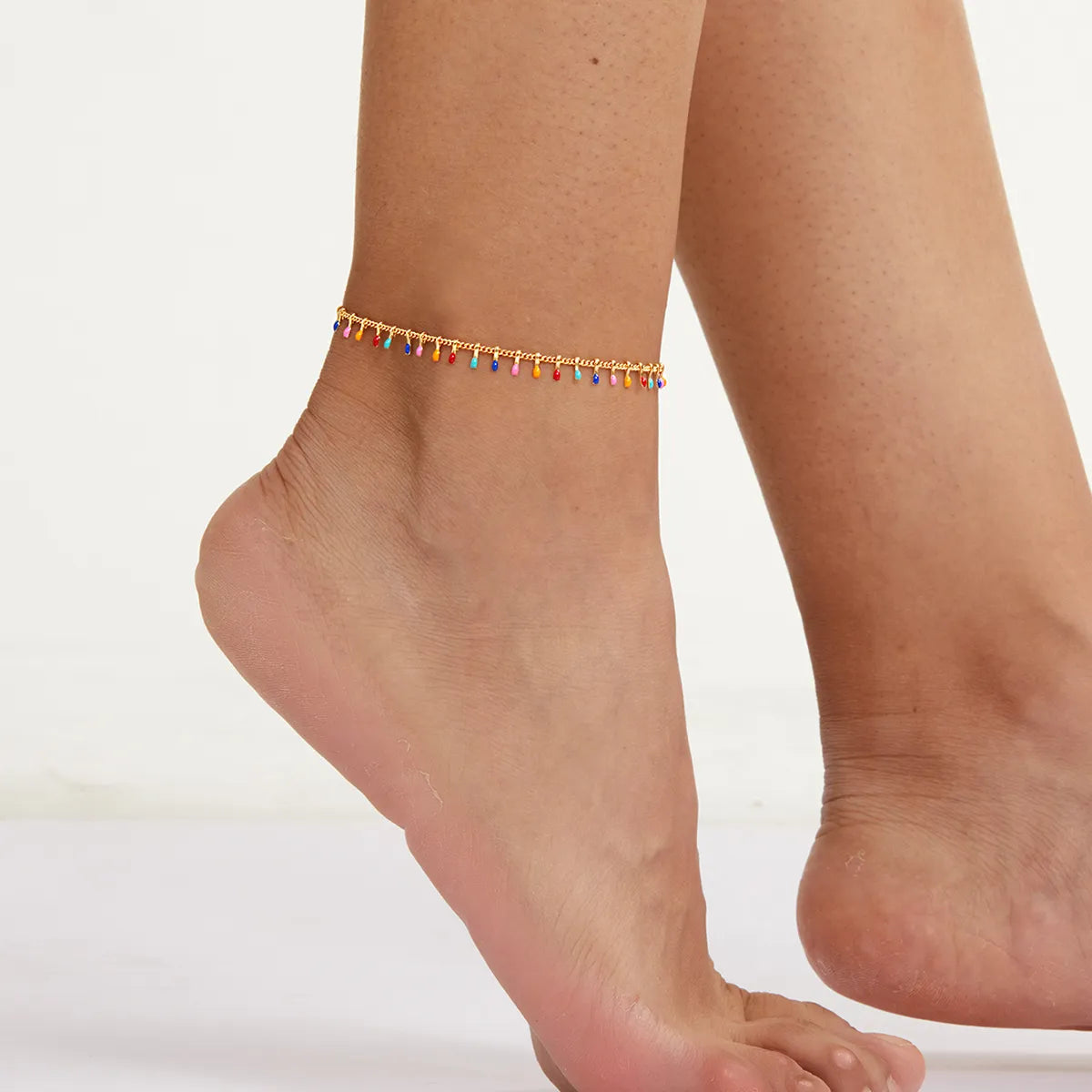 beaded anklet for women-Ethnic Style Bohemian Colorful Candy Color Drop Oil 18k Gold Plated Anklet