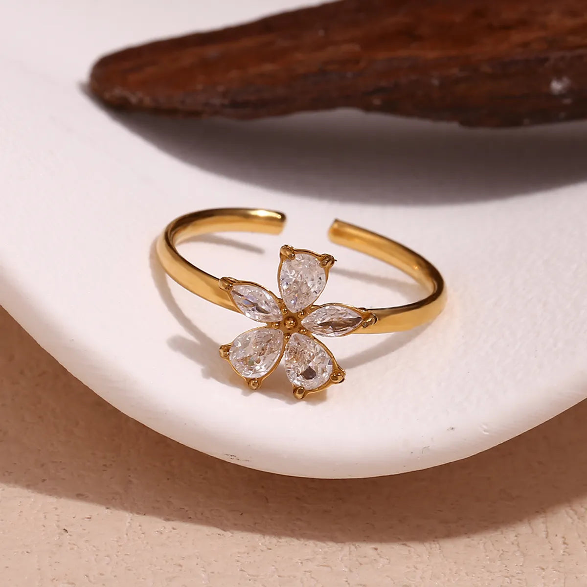 luxury rings for women-Simple Style Flower Stainless Steel Plating Zircon 18k Gold Plated Open Rings