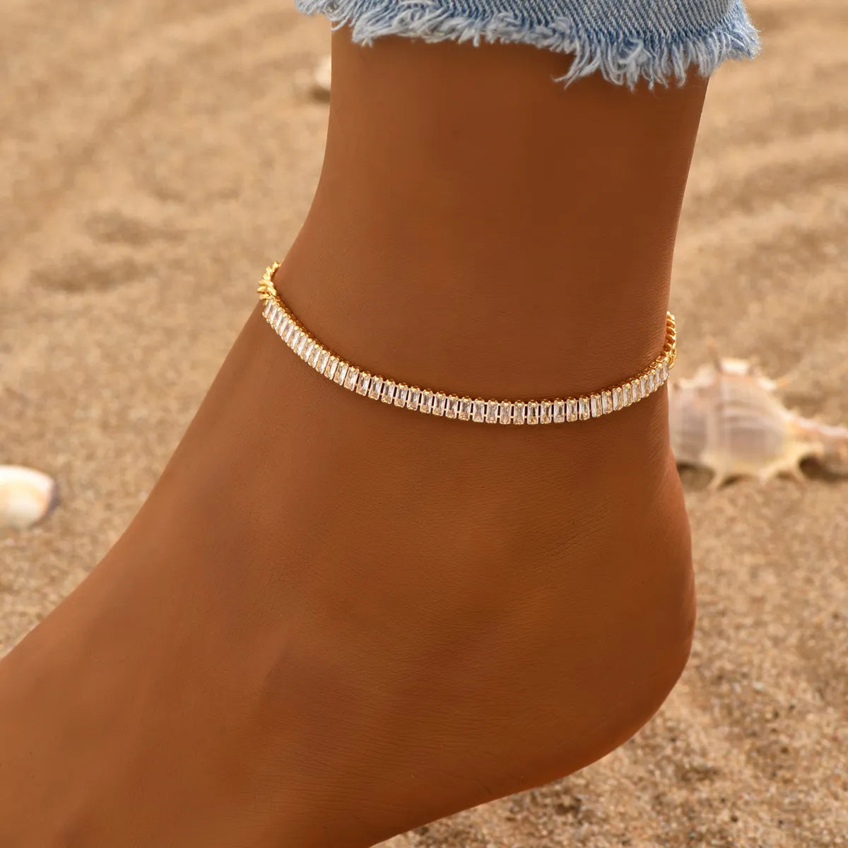 bold chain bracelet for women-Vacation Shiny Square 18k Gold Plated Zircon Copper Wholesale Anklet