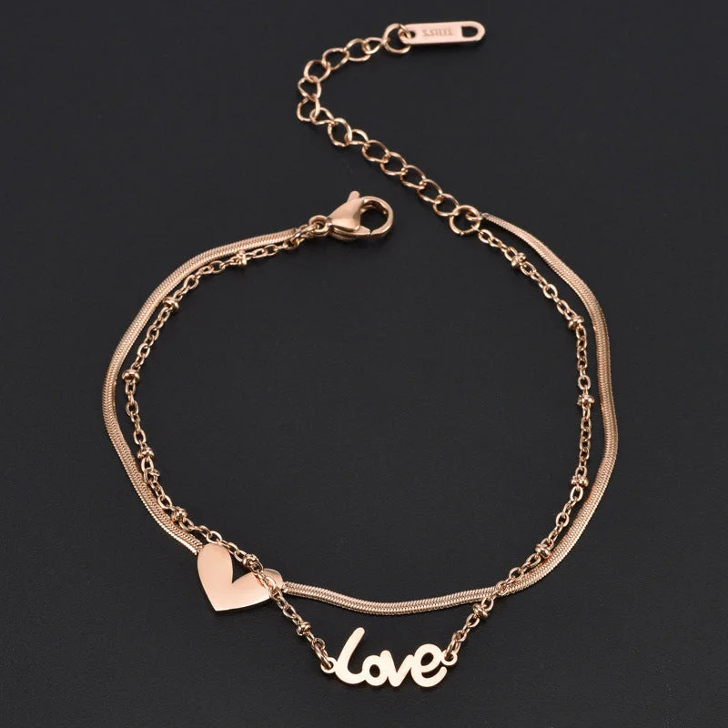 8111 Double Layer Chain like Flat Snake Mother Love Heart Anklet