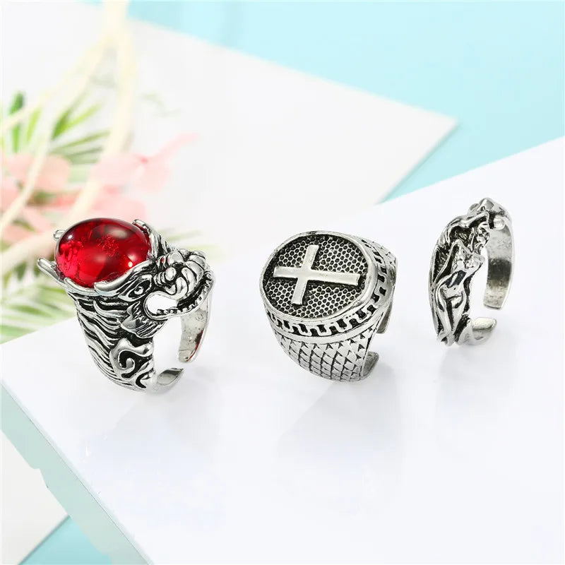 halo rings for women-Retro Ruby Dragon Metal Open Ring