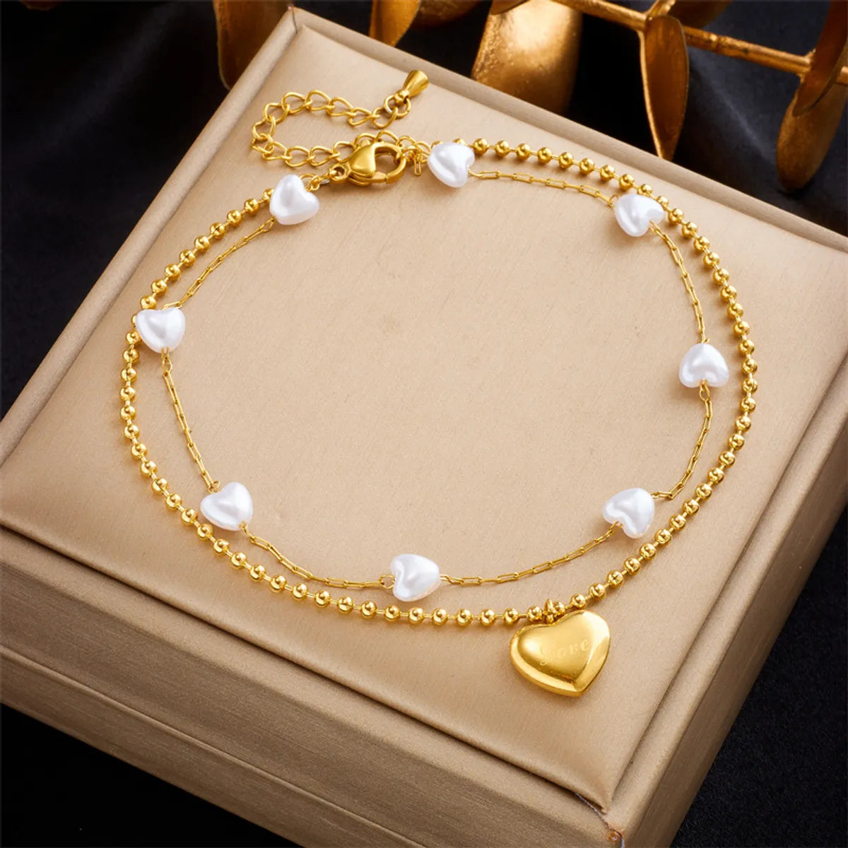 simple bangle bracelet for women-Korean Style Heart Shape Titanium Steel Plating 18k Gold Plated Women's Anklet