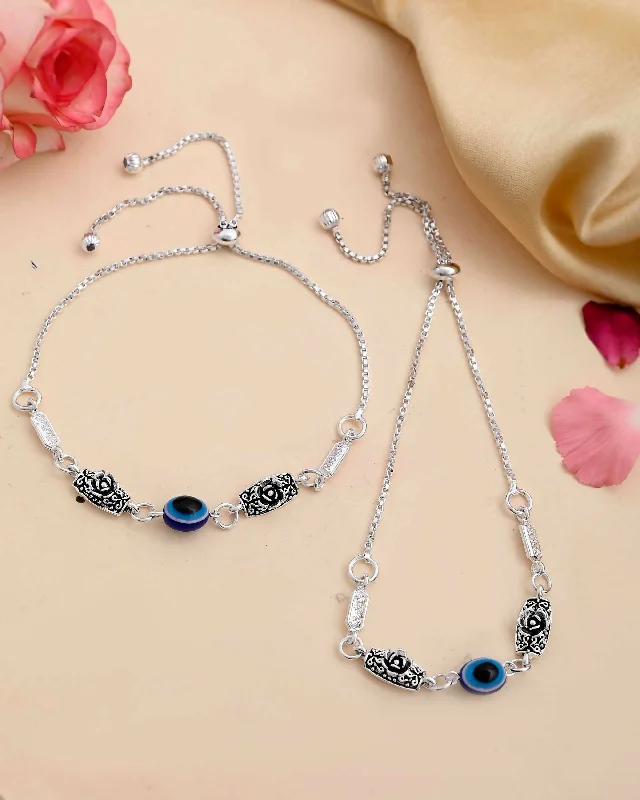 simple anklet for women-VOJ Set of 2 Silver Plated Flower And Evil Eye HandCrafted Anklet